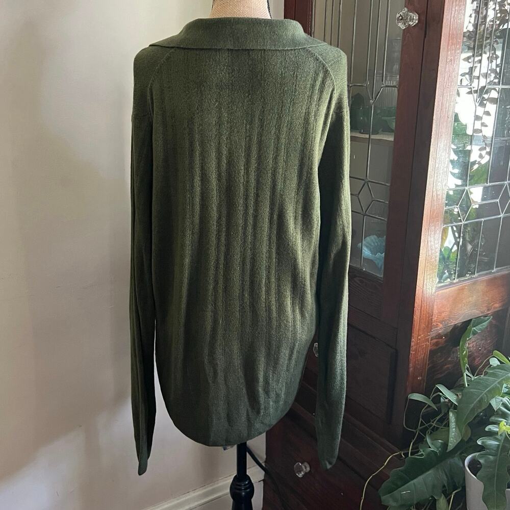 Vintage 90s Olive Button Collar Sweater Mens L Polo Cozy Minimalist - Picture 5 of 17